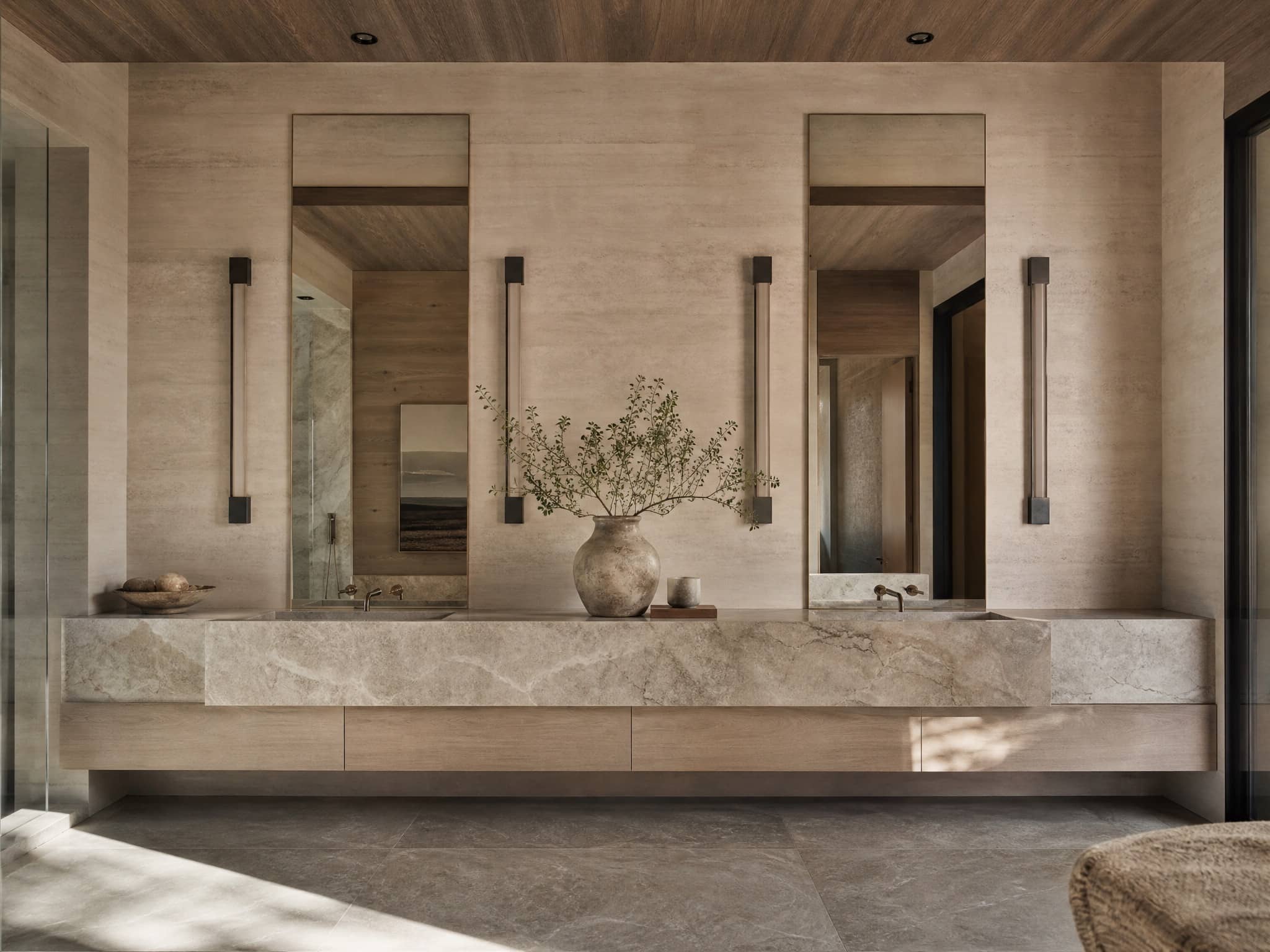Stone double vanity in soft light