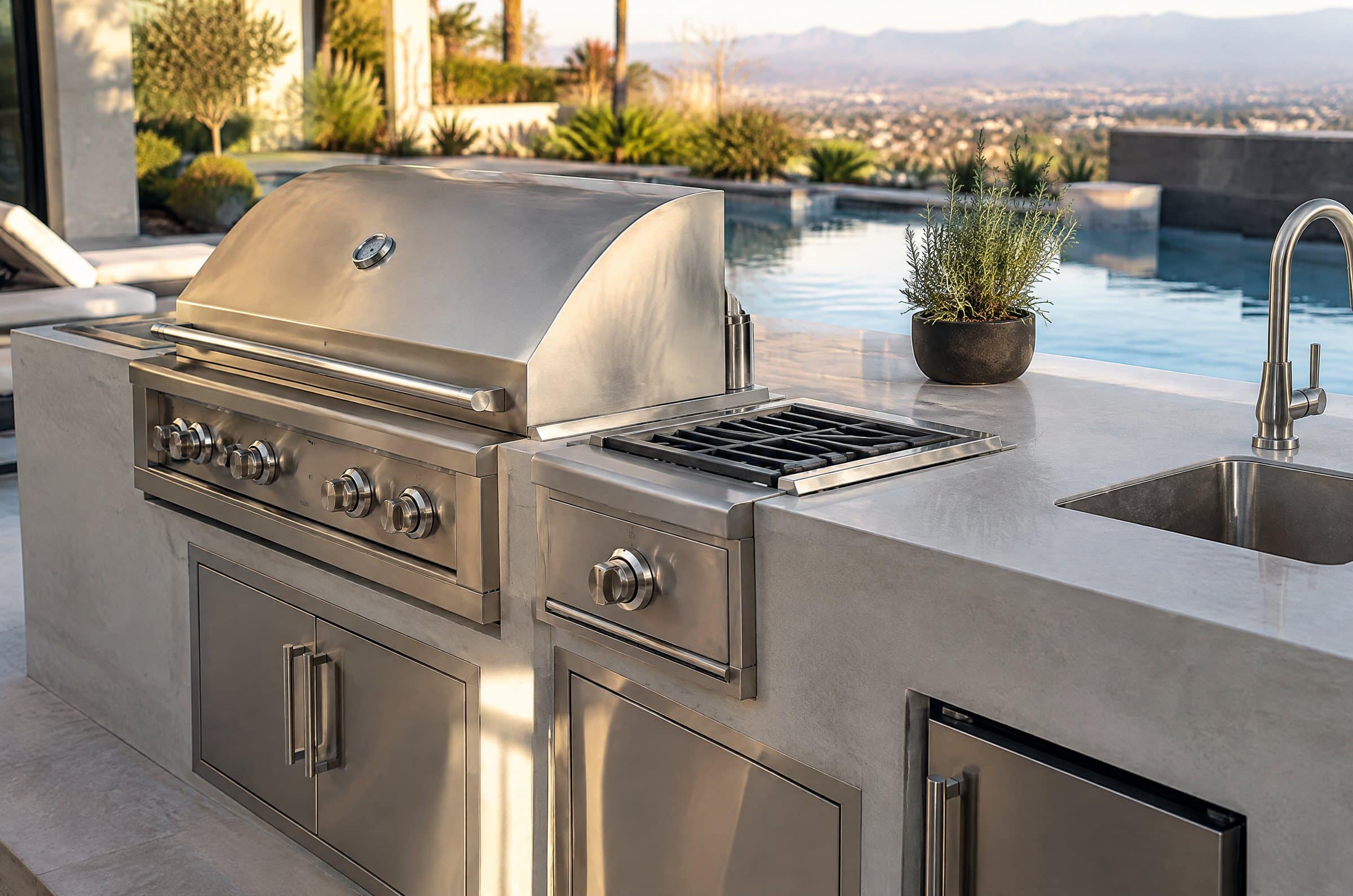 Outdoor BBQ island with a light concrete-look ultra-compact top, square edge, stainless grill and side burner, pool beyond