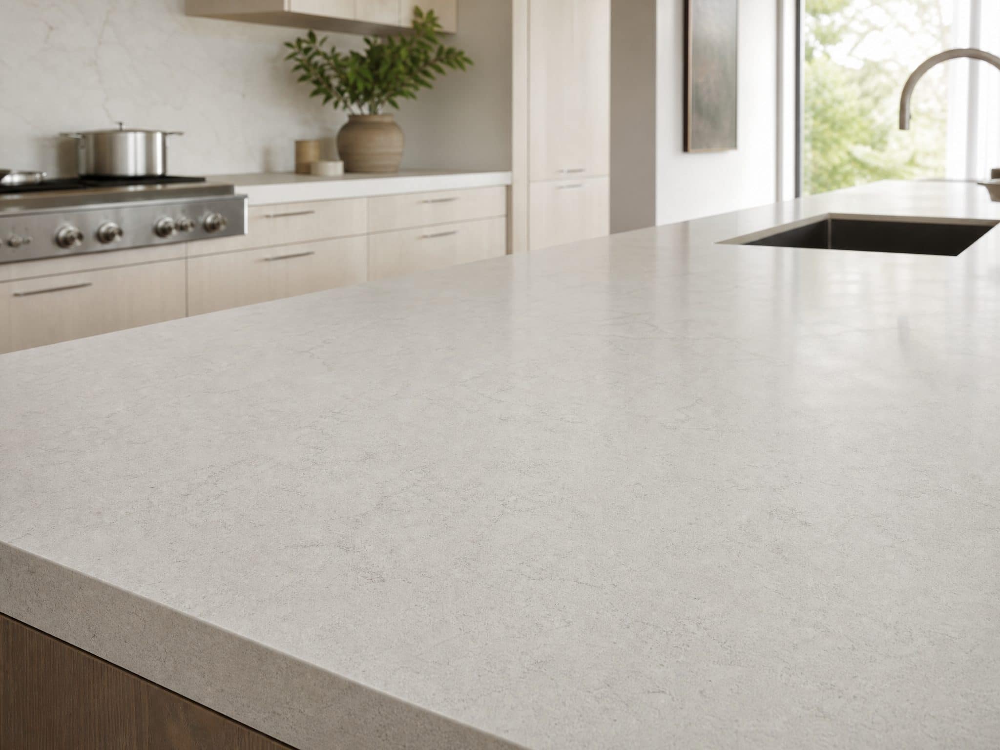 Bright kitchen with a light engineered quartz countertop in the foreground and light oak cabinets