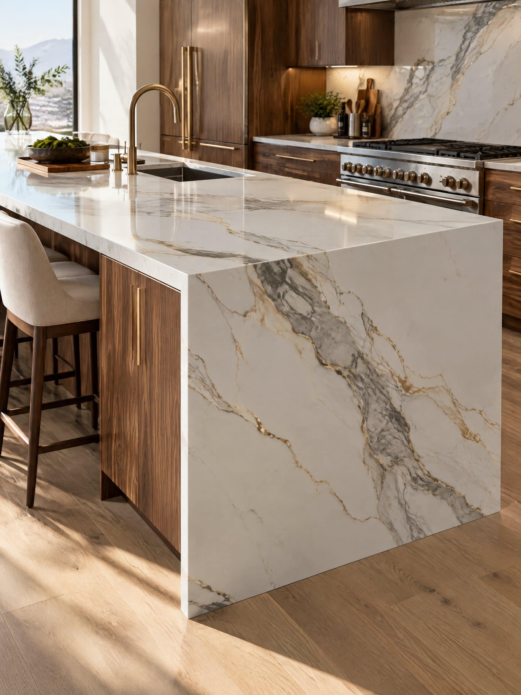 Kitchen island in white quartz with grey and gold veining running down a mitered waterfall end