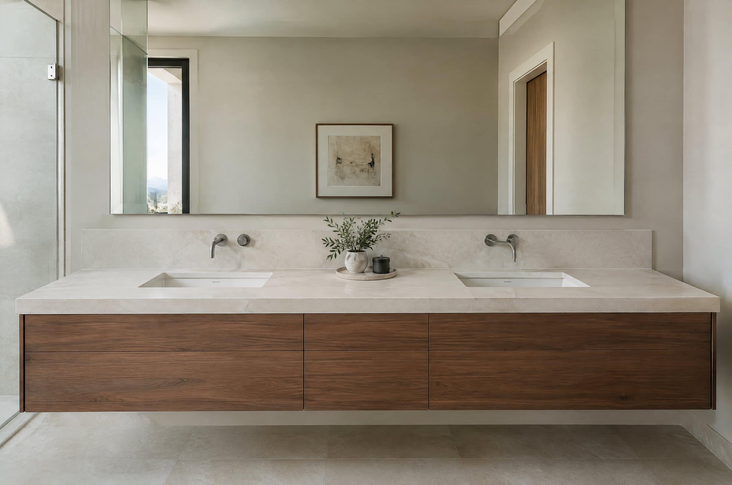 Floating walnut double vanity with a honed white stone top and two matched undermount sinks