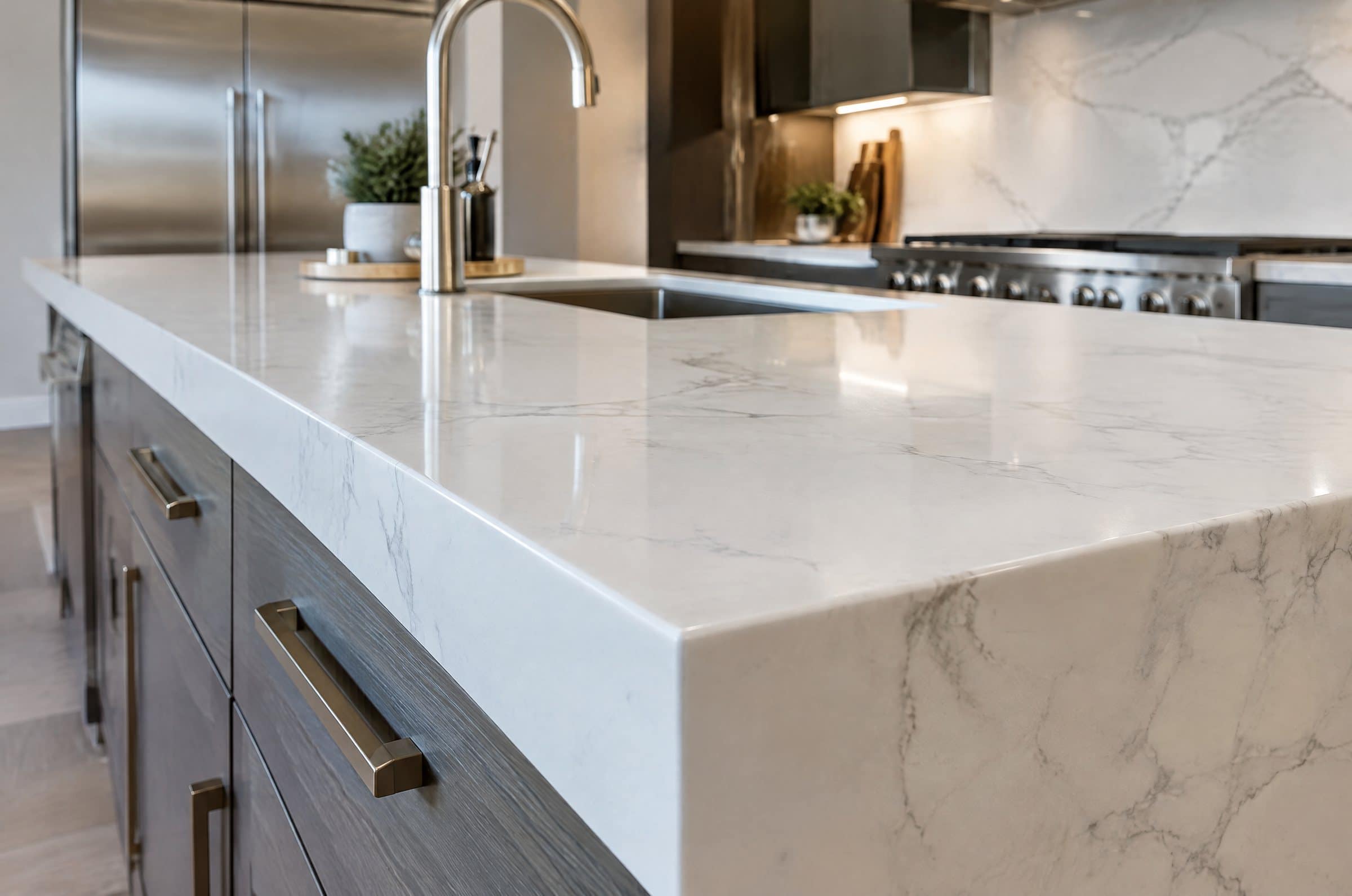 Close-up of an eased square edge on a white marble-look quartz countertop