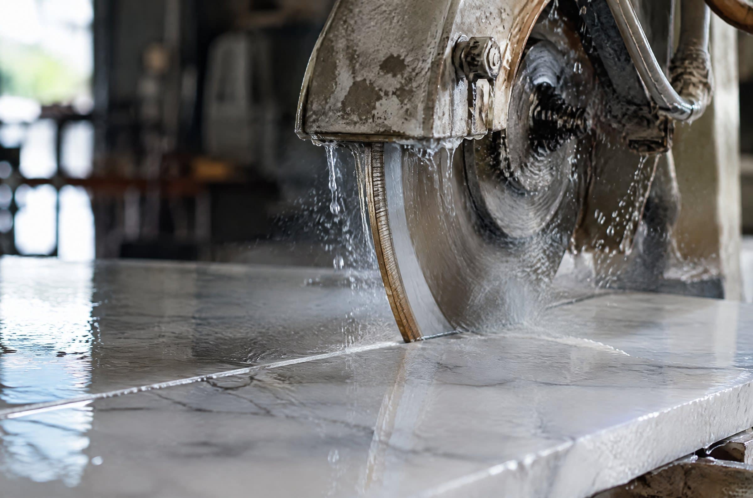 Close-up of a saw blade cutting a white quartz slab, with cooling water spraying off the blade