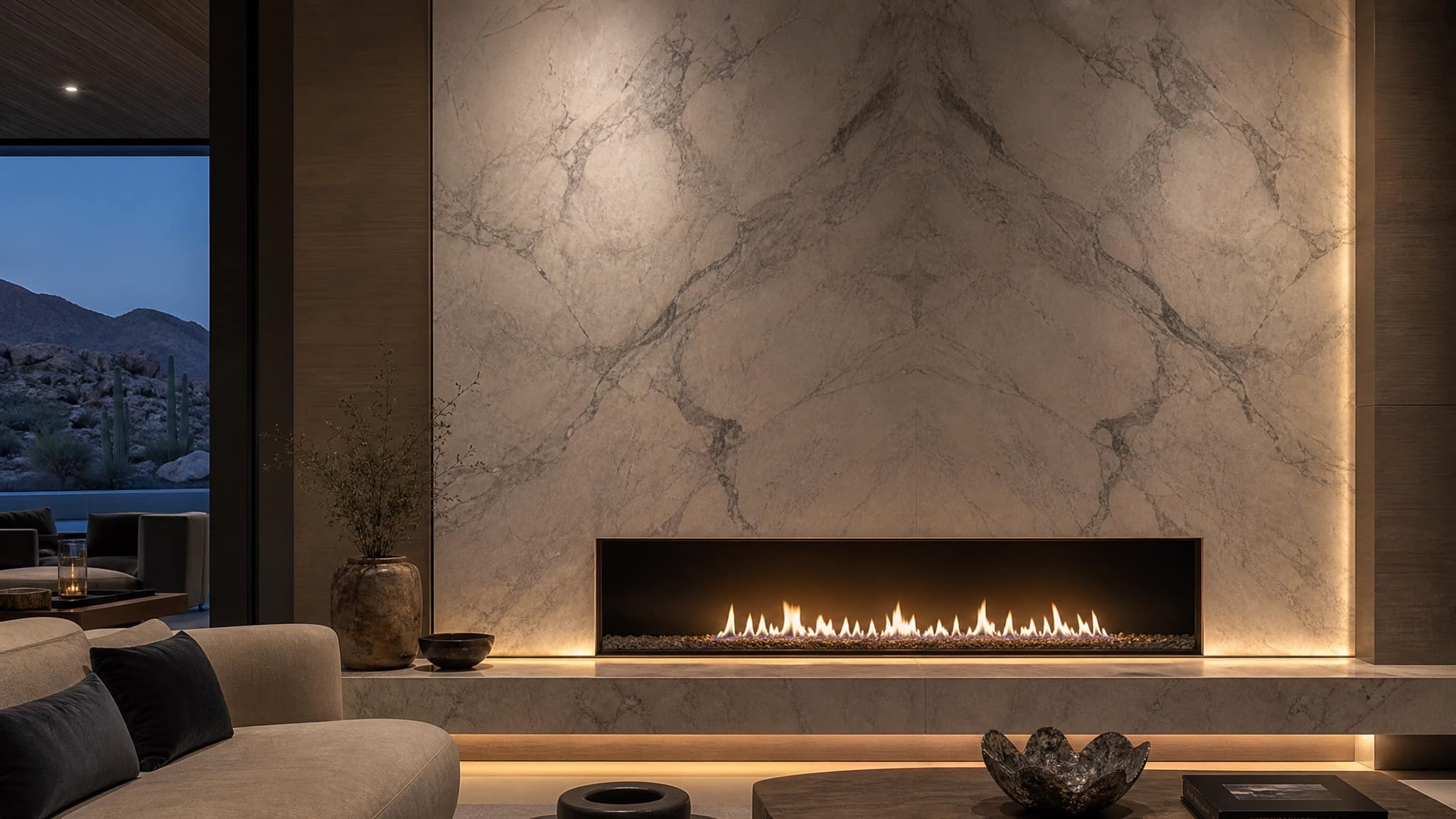 Bookmatched veined stone slab panels