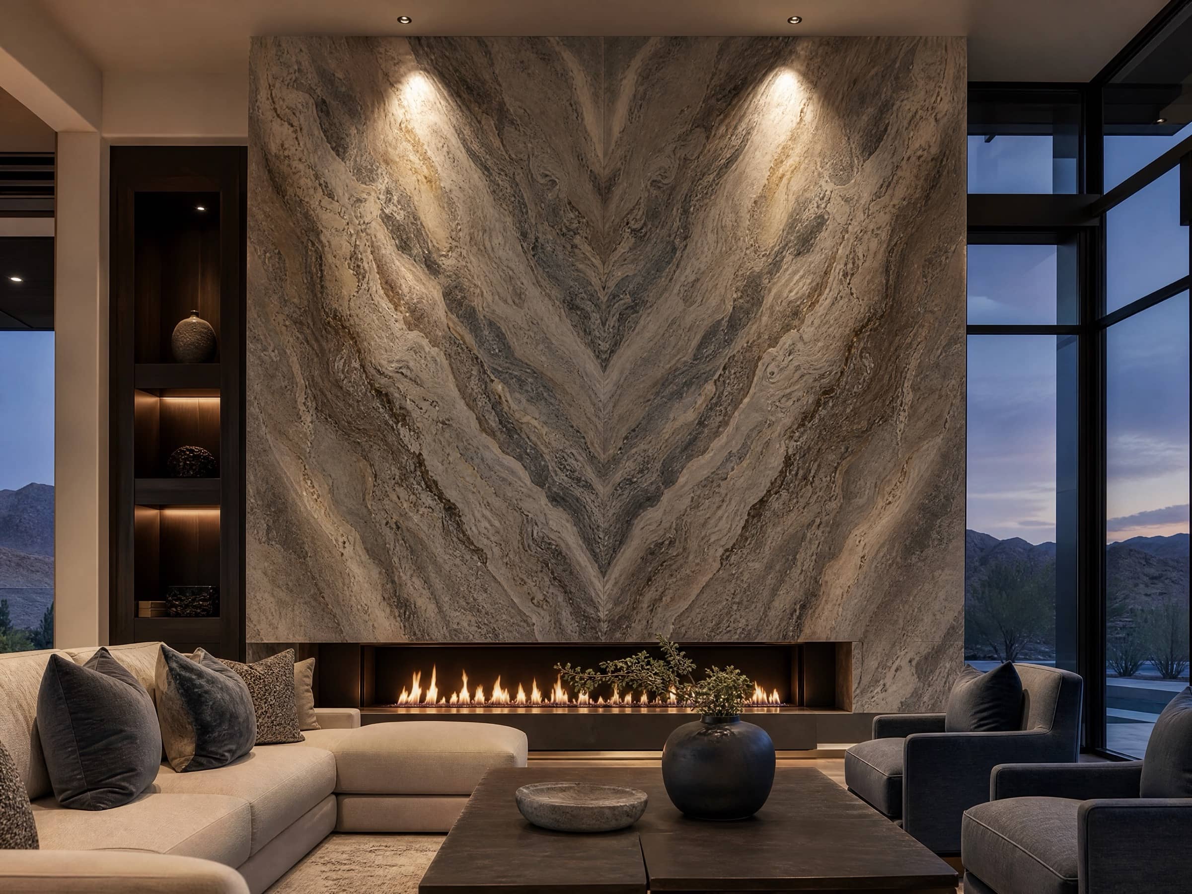 Large-format stone fireplace surround in a great room