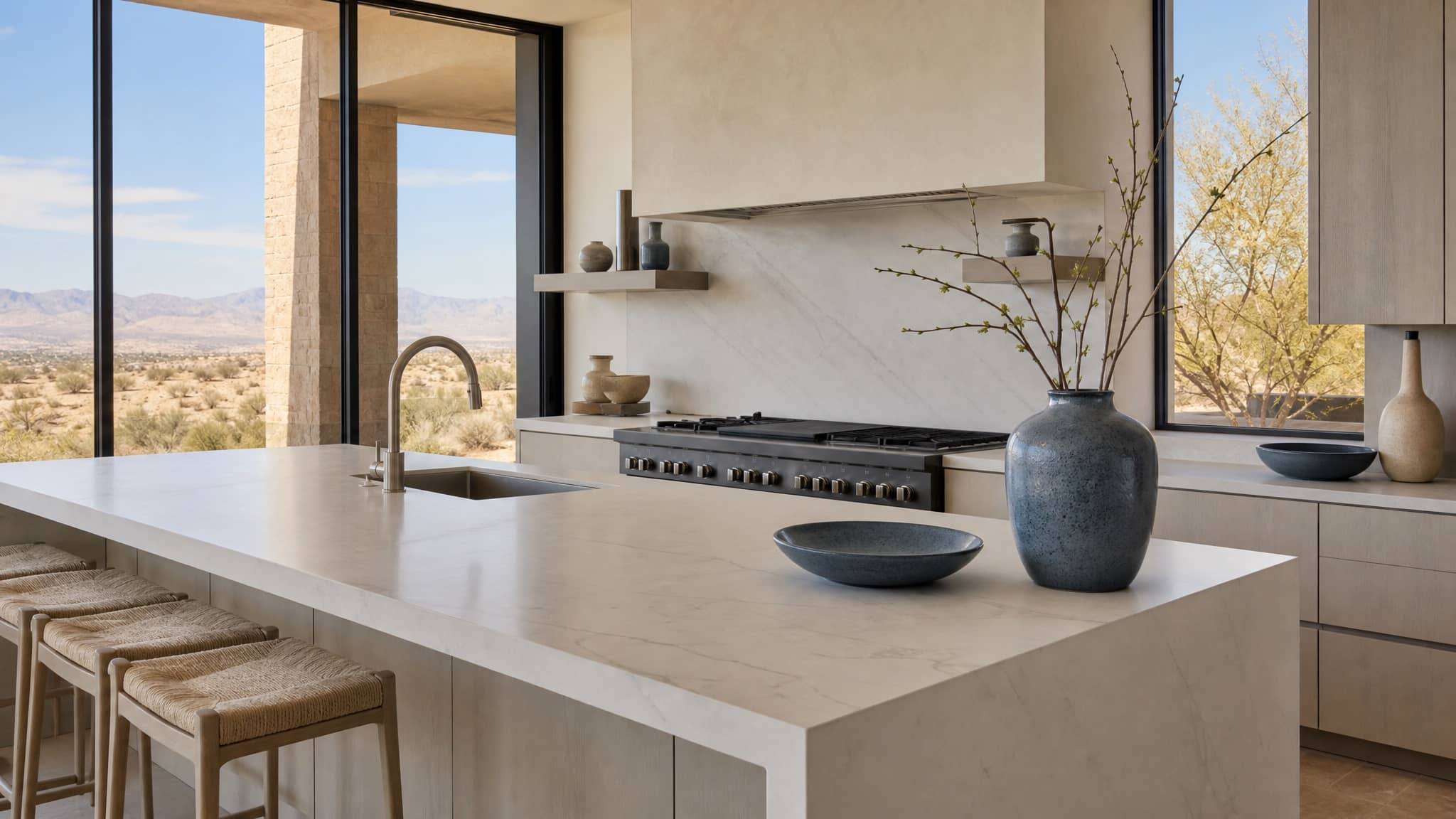 Finished kitchen with stone countertops in warm light
