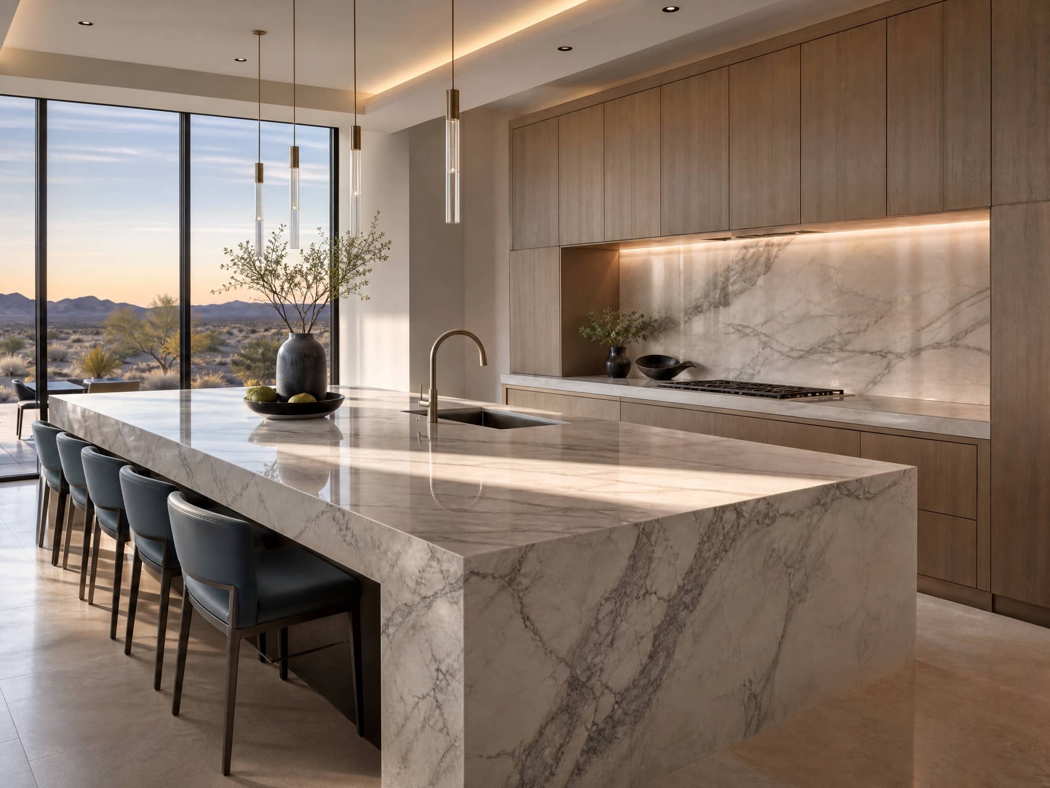 Kitchen island with stone countertop in morning light