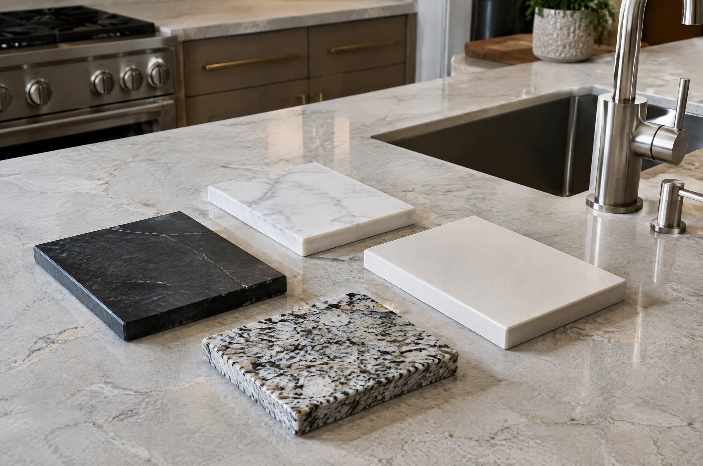Stone samples on a shop counter: black soapstone, white dolomite, solid surface and a granite offcut, each with a polished edge
