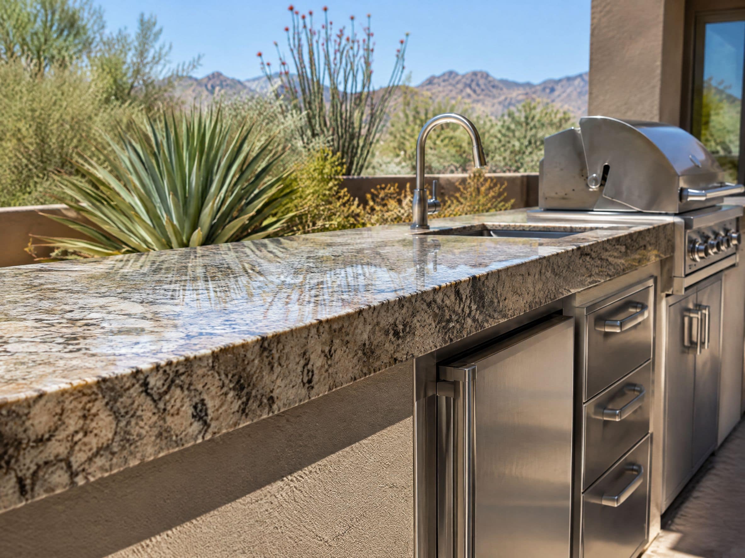 Polished granite outdoor kitchen counter edge in full desert sun, with agave and desert plants behind