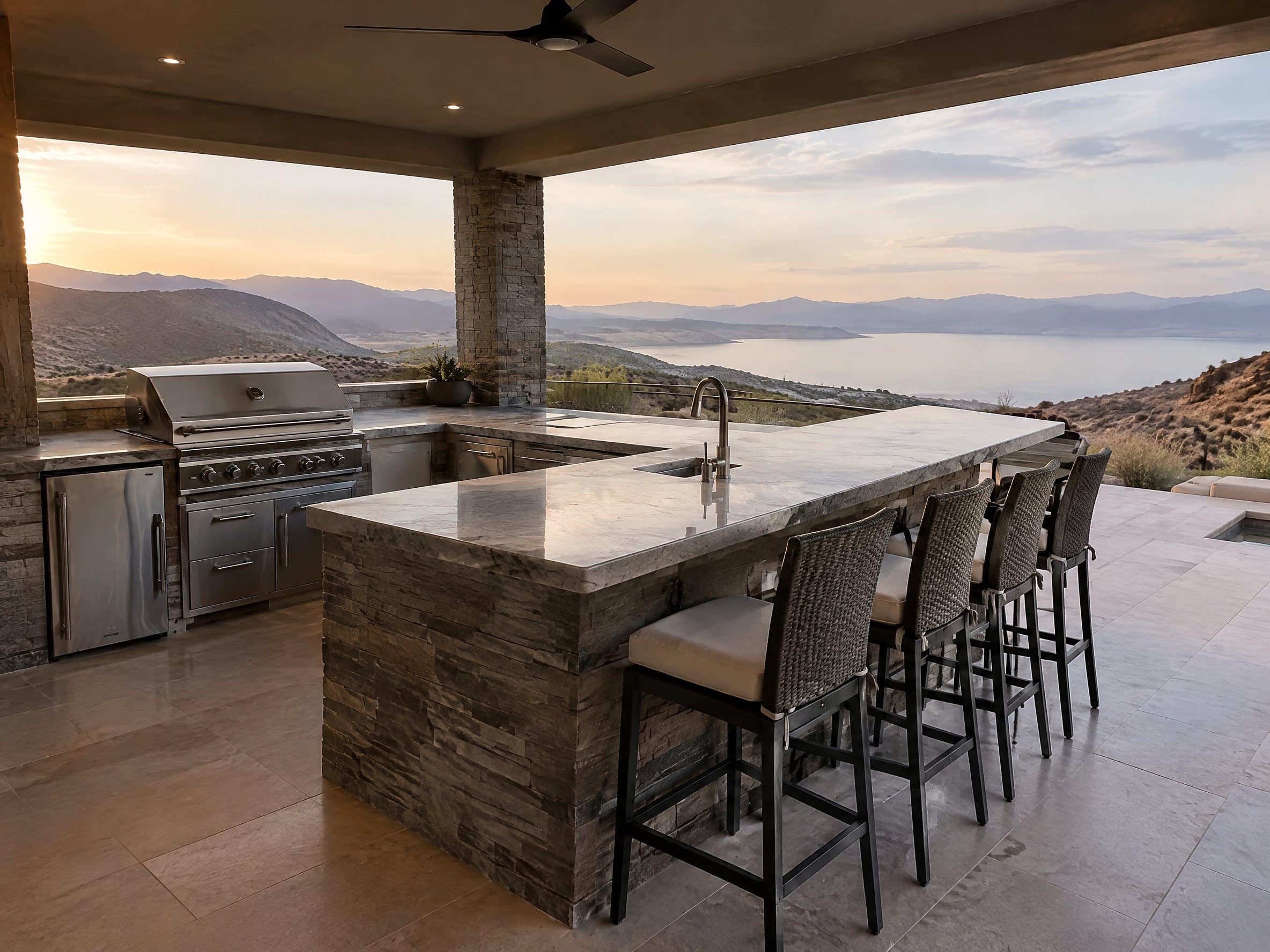 Covered outdoor kitchen with a stone bar top and seating overhang, desert hills beyond