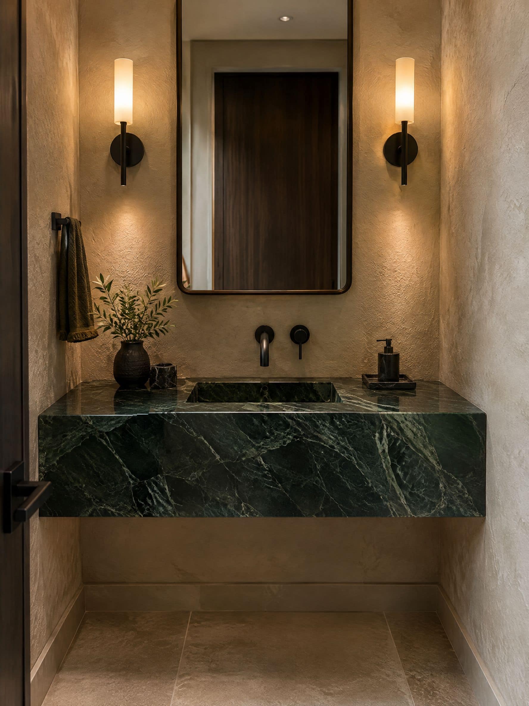 Powder room with a floating vanity top in dark green marble-look quartz and a matte black wall faucet