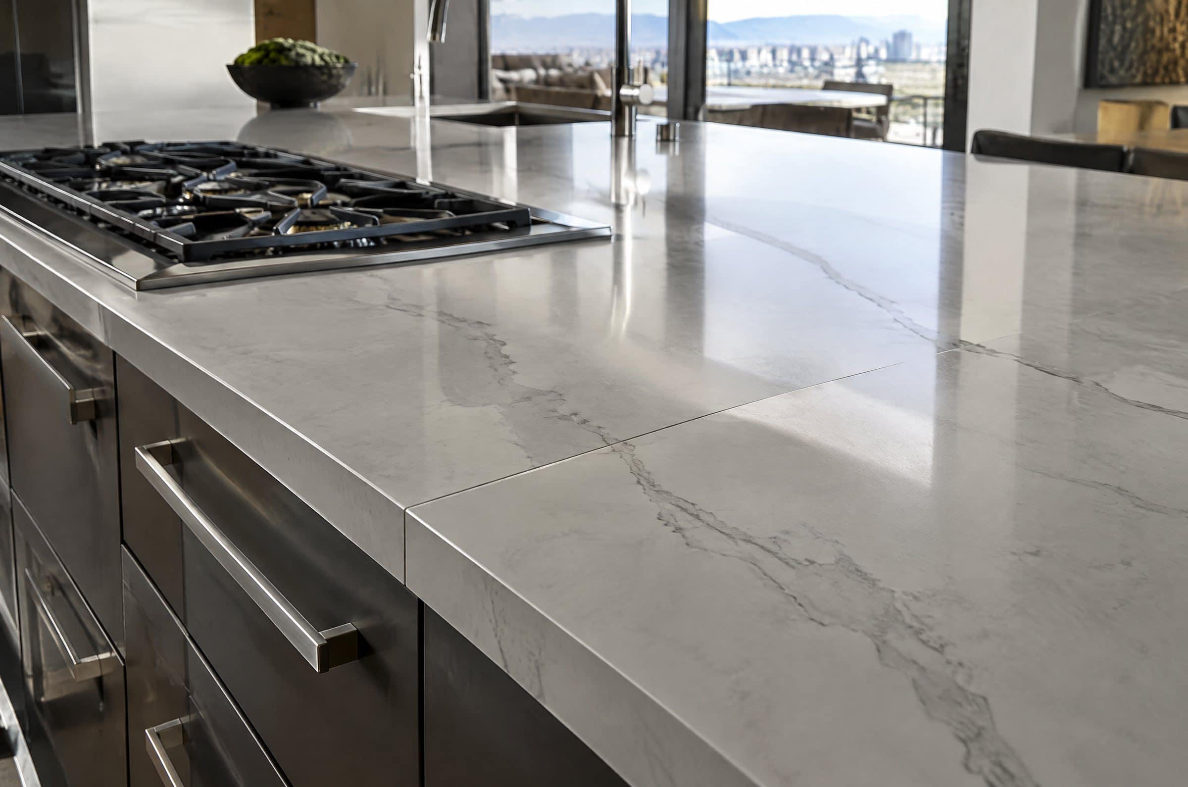 Light grey quartz countertop beside a cooktop with the seam vein-matched across the joint