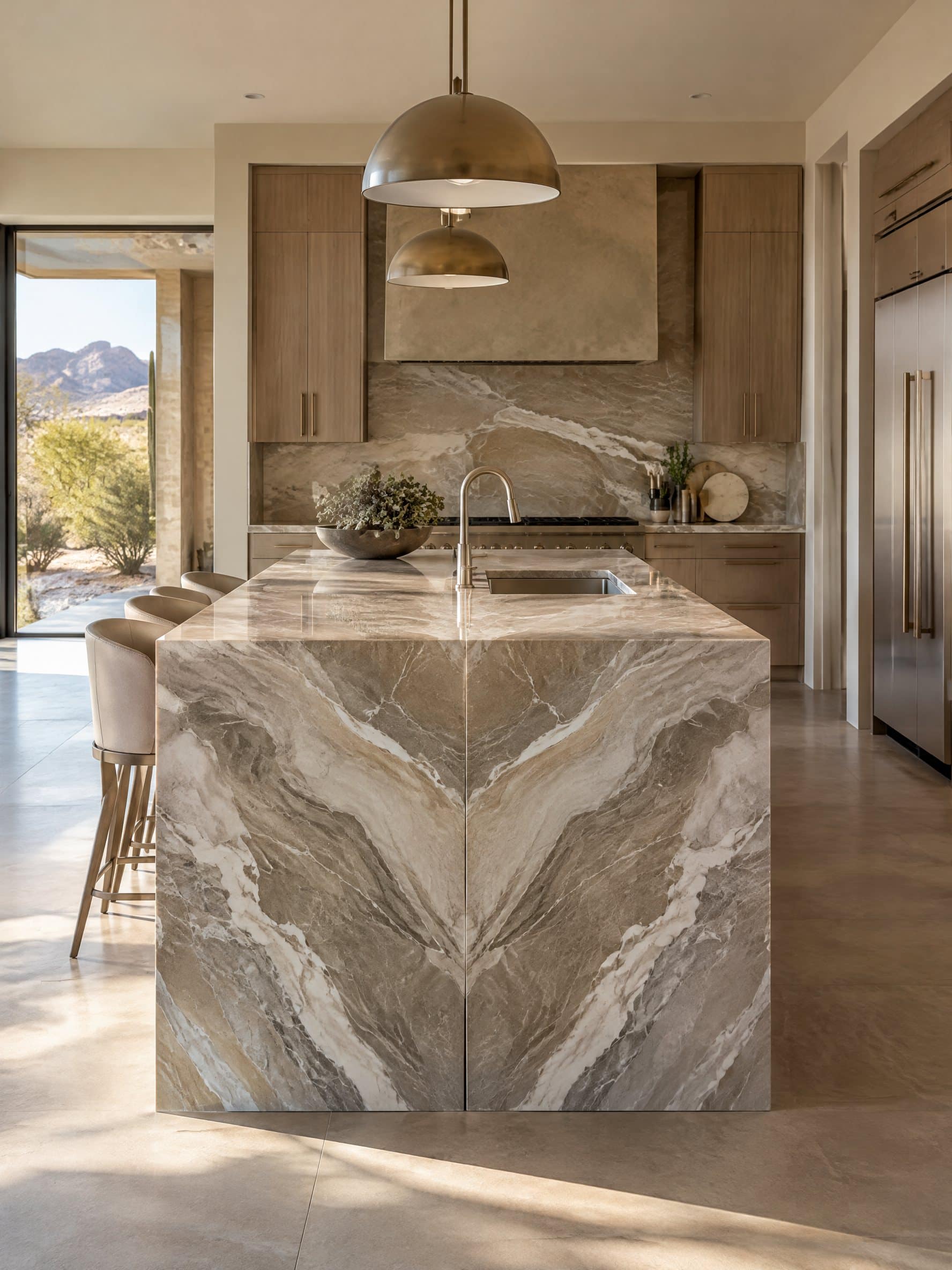 Quartzite kitchen island with a bookmatched waterfall end, veining mirrored at the center seam