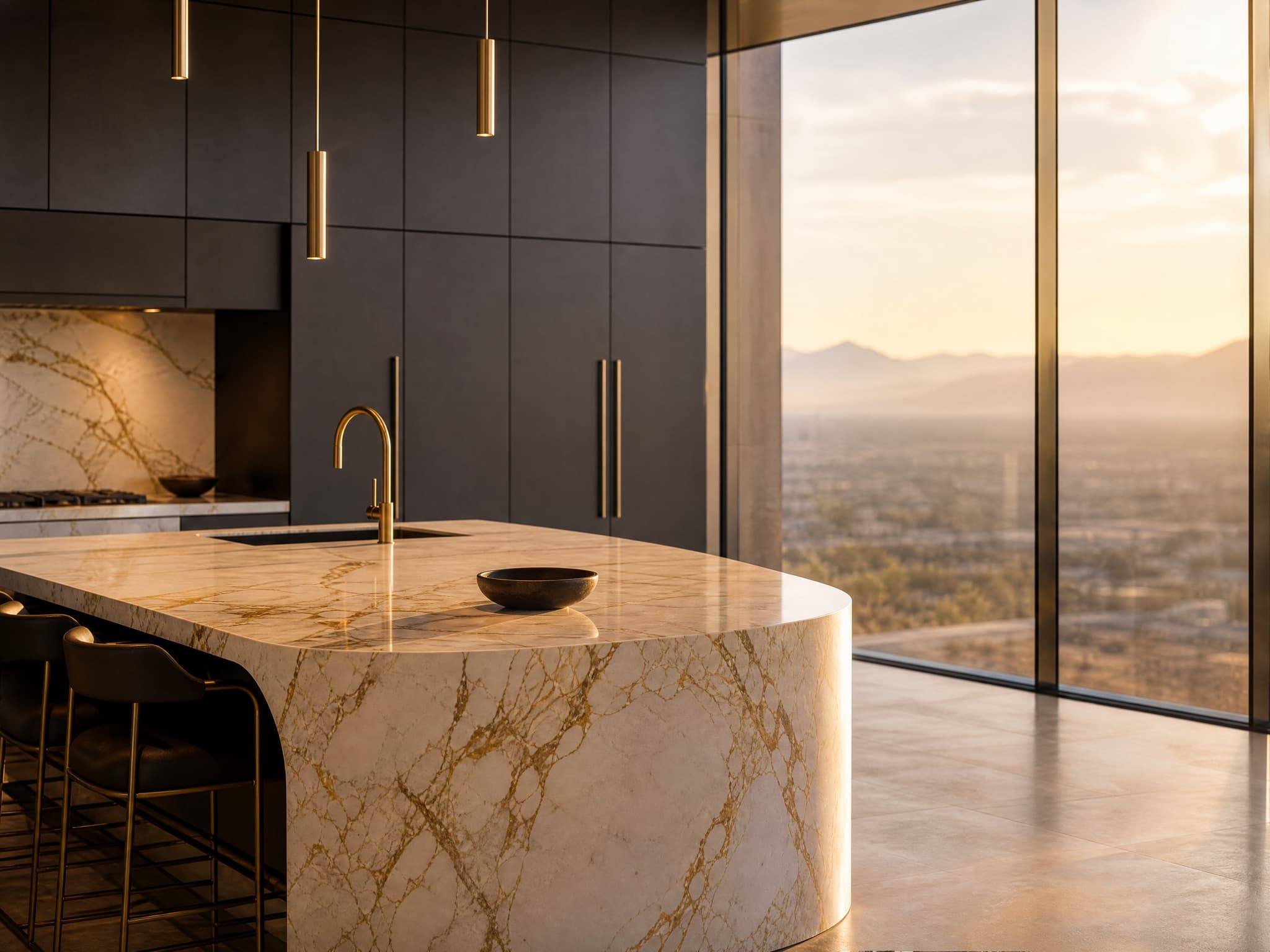 Kitchen island in veined stone above the Las Vegas valley at golden hour